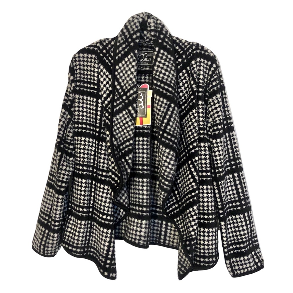 Ashley by 26 International Black & White Fuzzy Houndstooth Drape Open Cardigan